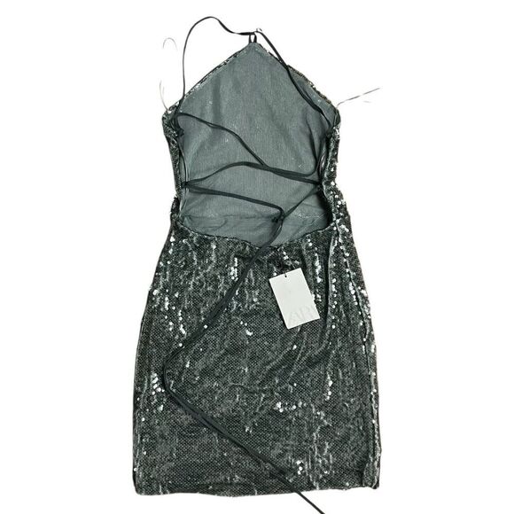 Zara Dress L Gray Silver Sequin Mini Open Back Halter Sexy Club Party 1131/813 - Picture 10 of 13
